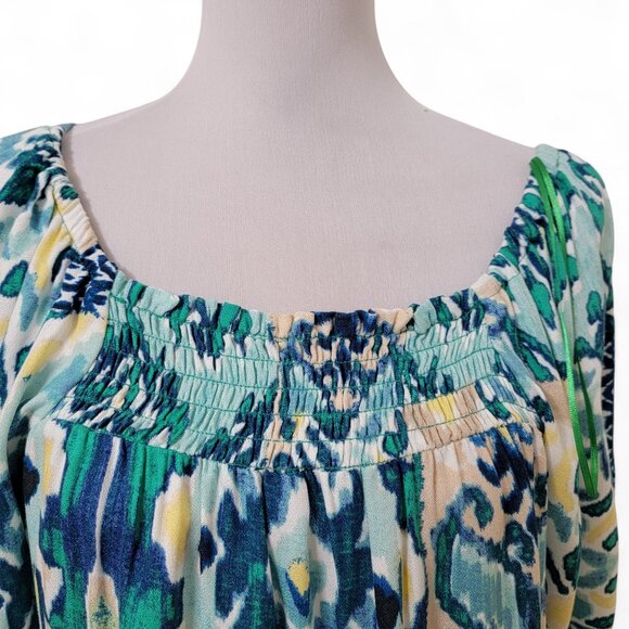 Cupio Size S Green Ikat Short Sleeve Square Neck Printed Top, NEW w/Tag - Picture 3 of 16